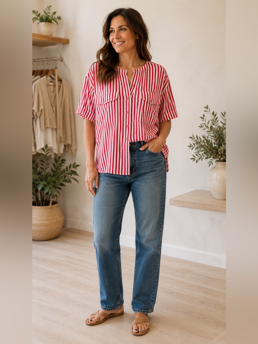 Liz Sport Red & White Striped Short Sleeve Button-Down Shirt